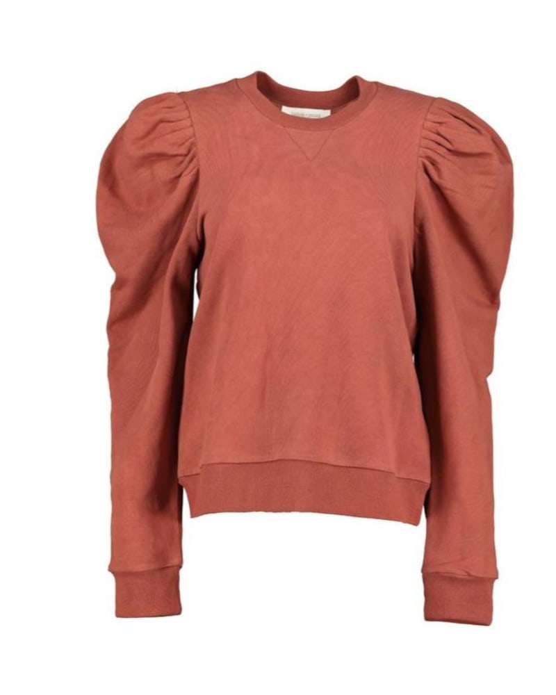 Front of a model wearing a size L Laurent Puff Sleeve Sweatshirt in Copper in Copper by bishop + young. | dia_product_style_image_id:346101